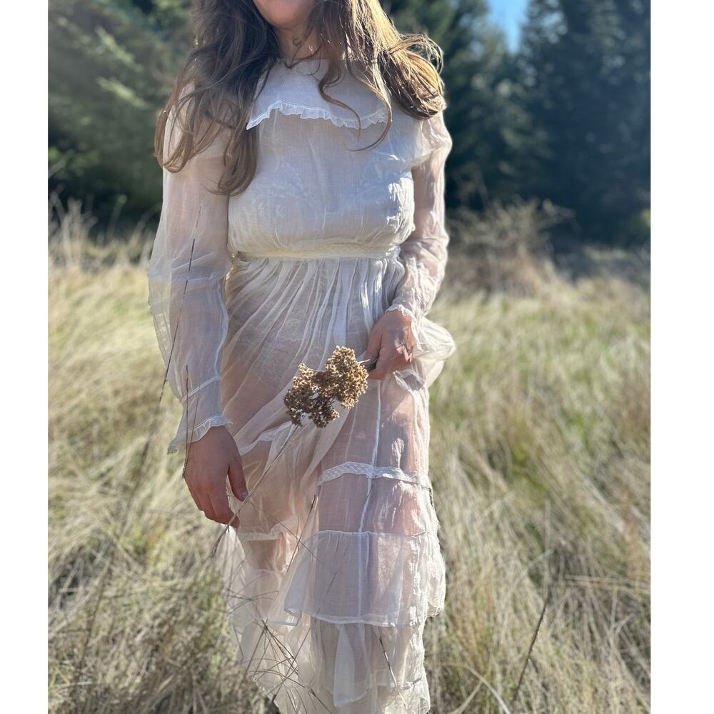 Women’s XXS Dress Sheer Lace Bridal Wedding Edwardian 1900s Vintage - Picture 2 of 4